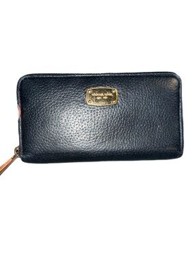 Michael Kors Black Pebbled Leather Zip Wallet with Gold Plaque